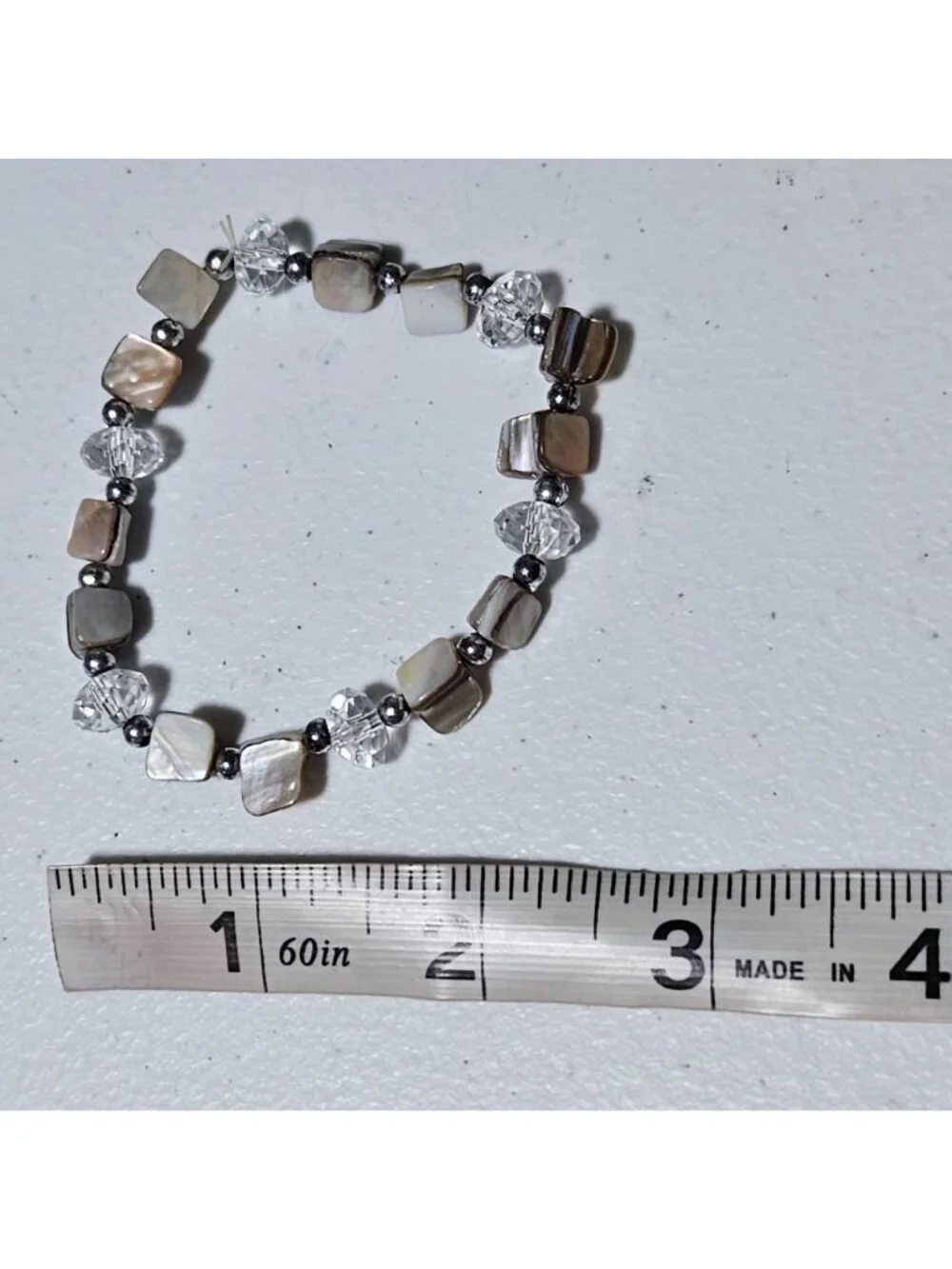 Vintage Mother Of Pearl Bracelet Crystal Beaded Chunky Gemstone Stretch Jewelry